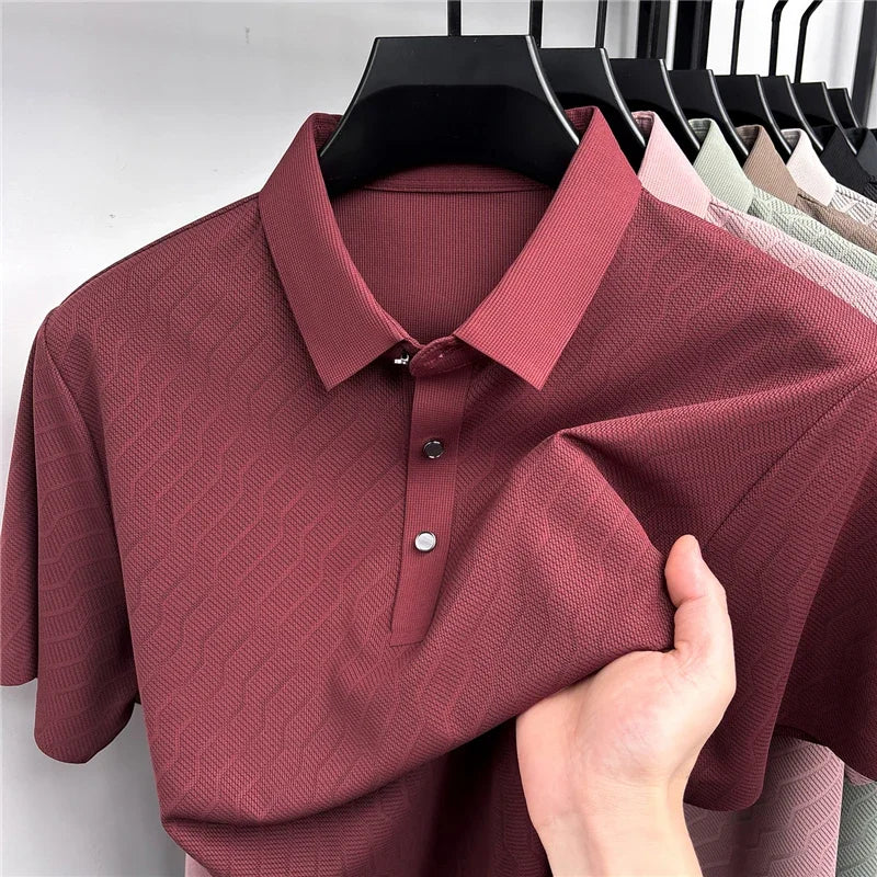 Men's Hollow-Mesh Polo - Wave Pattern, Slim Elastic Business Fit
