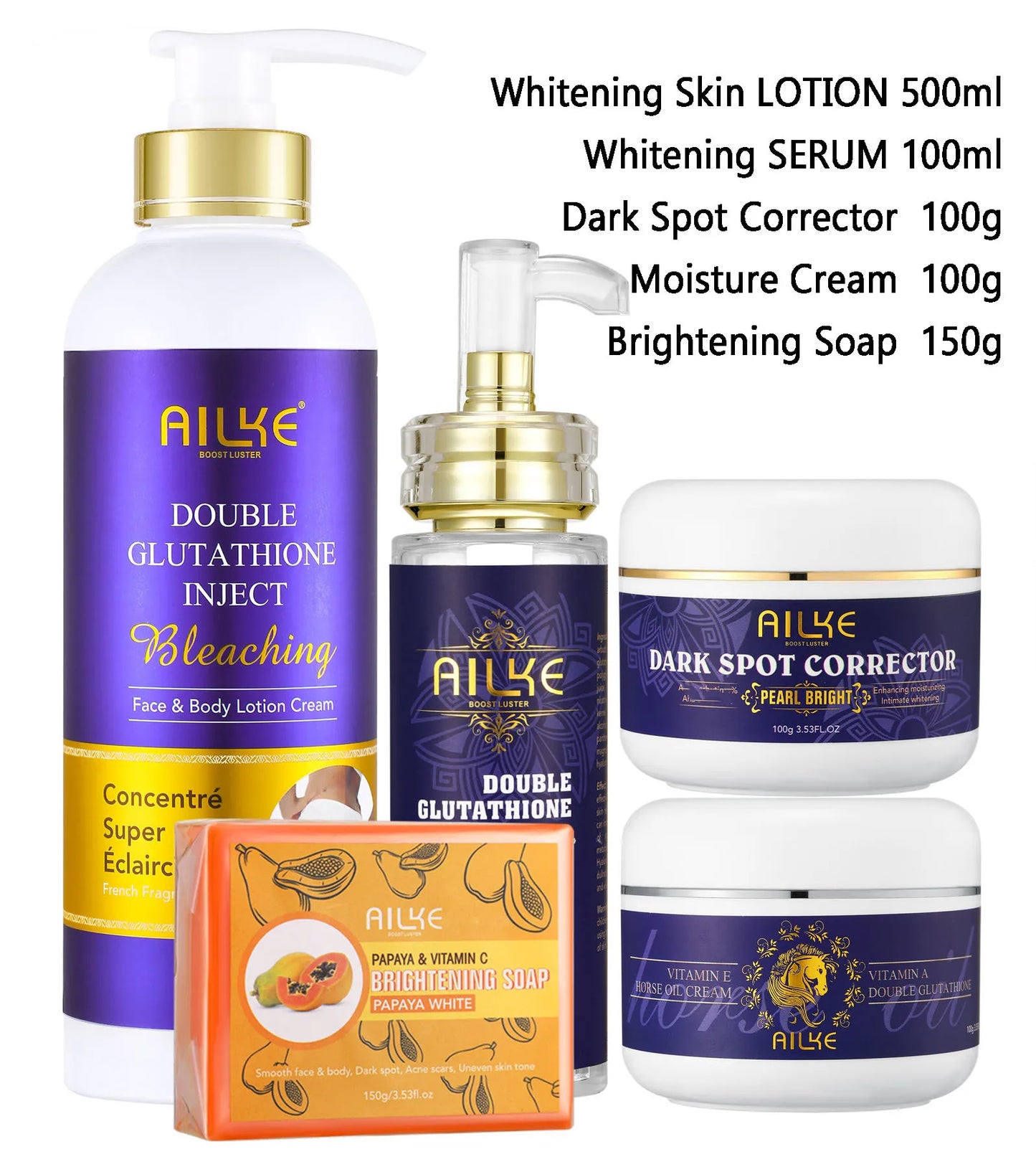 AILKE Double Glutathione Whitening Skin Care, Lightening, Remove Dark Spots, Skin Radiant, Moisturizing, Hydrating, Smooth