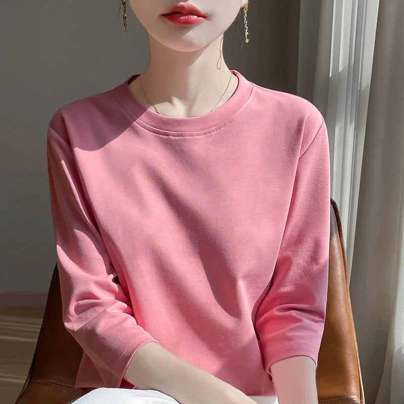 Women's Mercerized Cotton T-Shirt — Loose Round-Neck Half-Sleeve Top