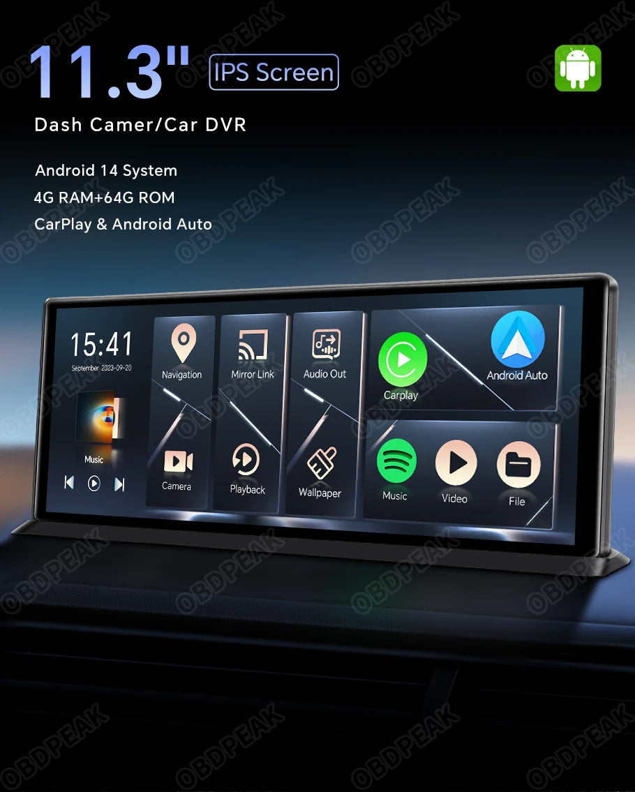 K60 Pro 11.3" 4G+64G WIFI Android 14 AI Screen GPS Navigation Carplay Android AUTO 1080P Dash Cam RearView Mirror Video Recorder