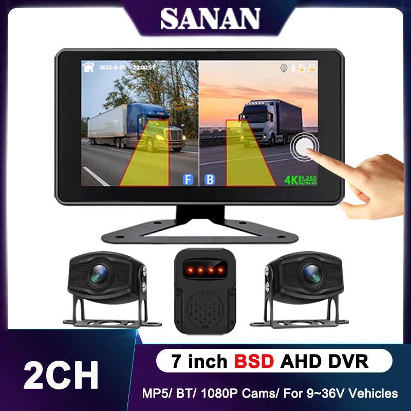 7 inch Truck DVR System BSD Sound and Light Alarm 2CH 1080P Night Camera Touch Screen MP5 BT AHD Monitor 24H Parking Recorder