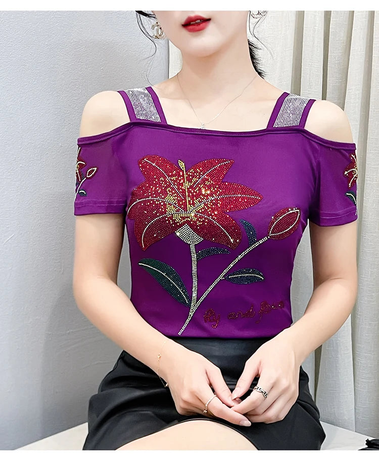 Women's Off-Shoulder Rhinestone Mesh Top