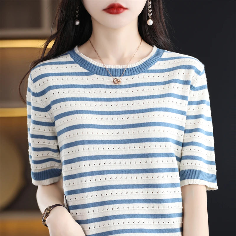Pure Cotton Hollow Short-Sleeved Ladies Spring And Summer Loose Slim New Joker Knit Bottoming T-Shirt