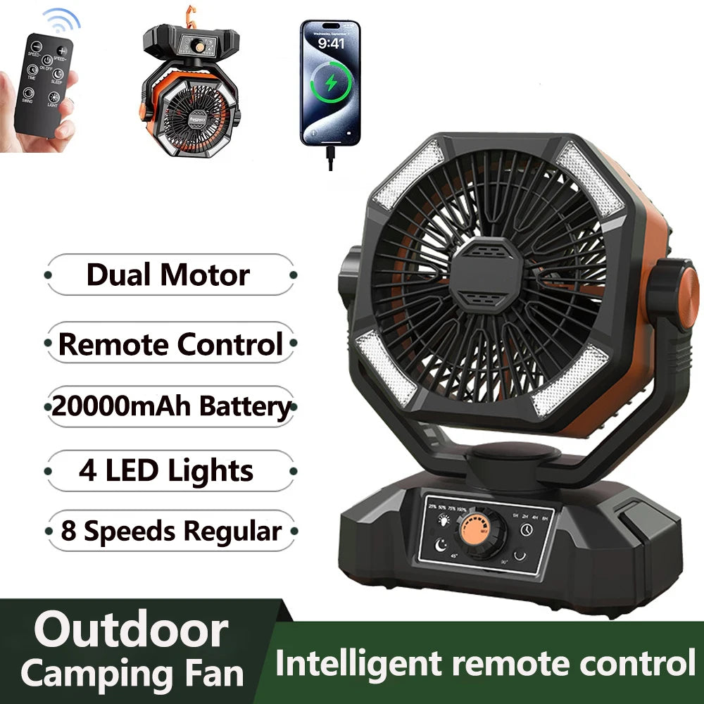 20000mAh Camping Fan with LED Lantern — Outdoor Portable Fan