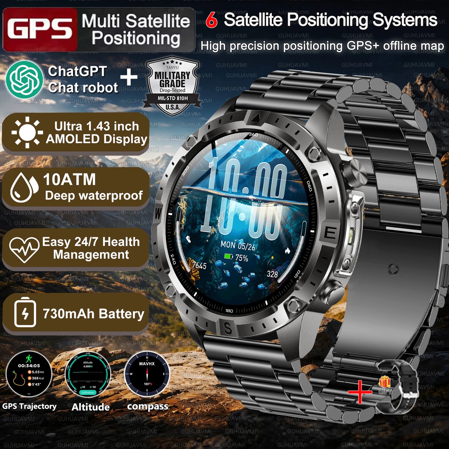 Military-Style GPS Smart Watch — Offline Maps, 10ATM, 2GB RAM