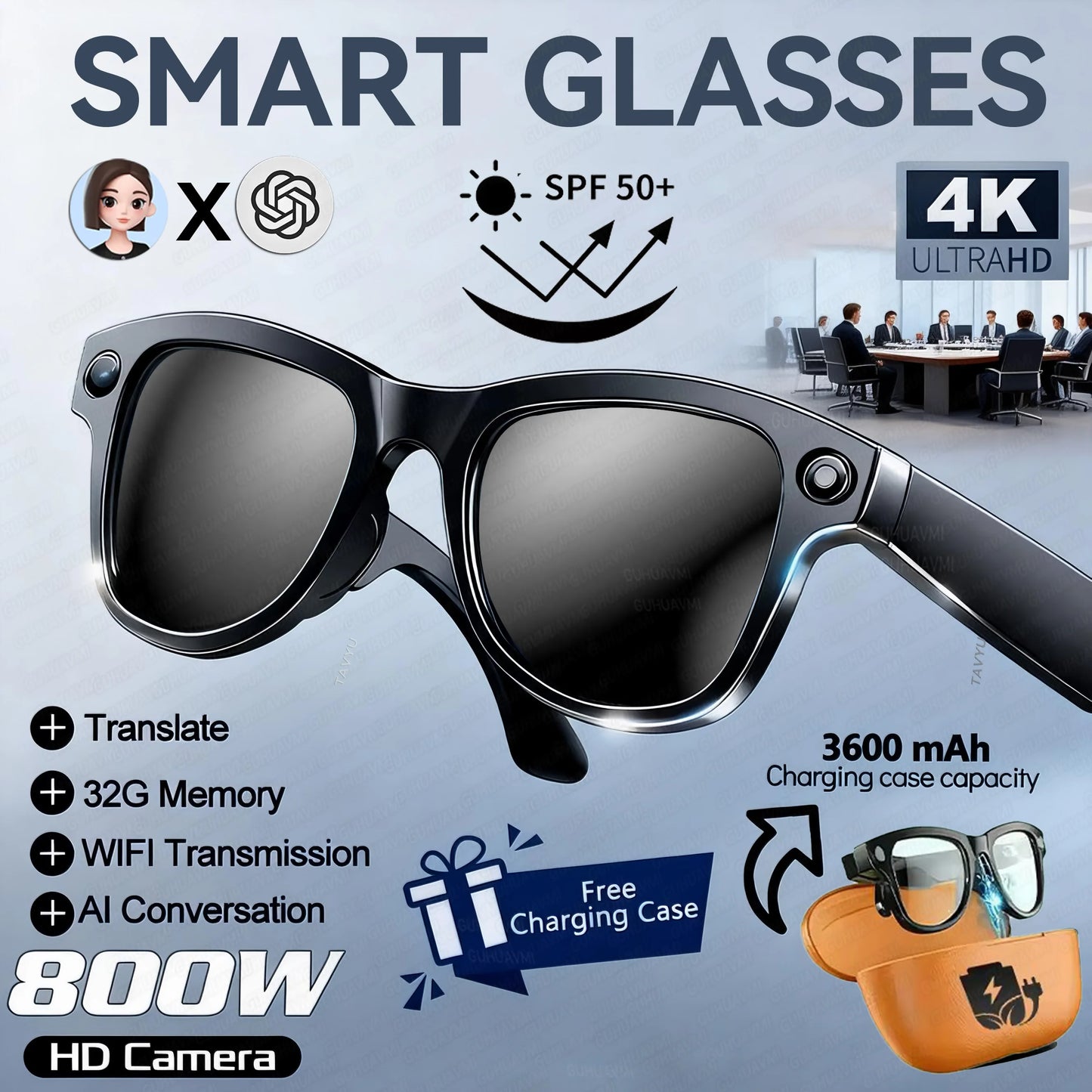 AI Smart Glasses — 800W Anti-Shake Camera, Translation & Calls