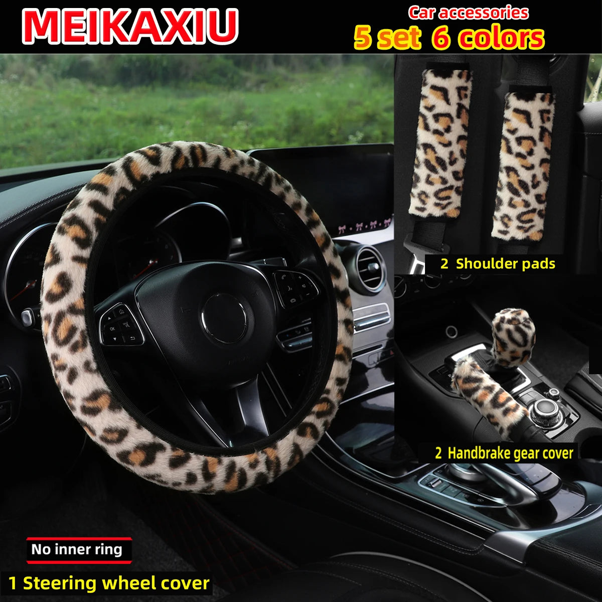5 set fur leopard print car without inner ring steering wheel cover shoulder cover gear shift cover car decoration for women