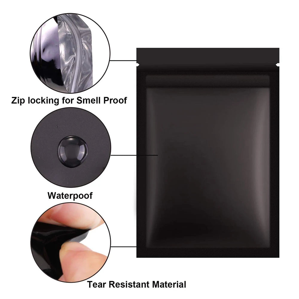 Resealable Coffee Herb Powder Zipper Pack Bag Smell Proof Flat Pouches Matte Black Small Aluminum Foil Zip Lock Mylar Bags
