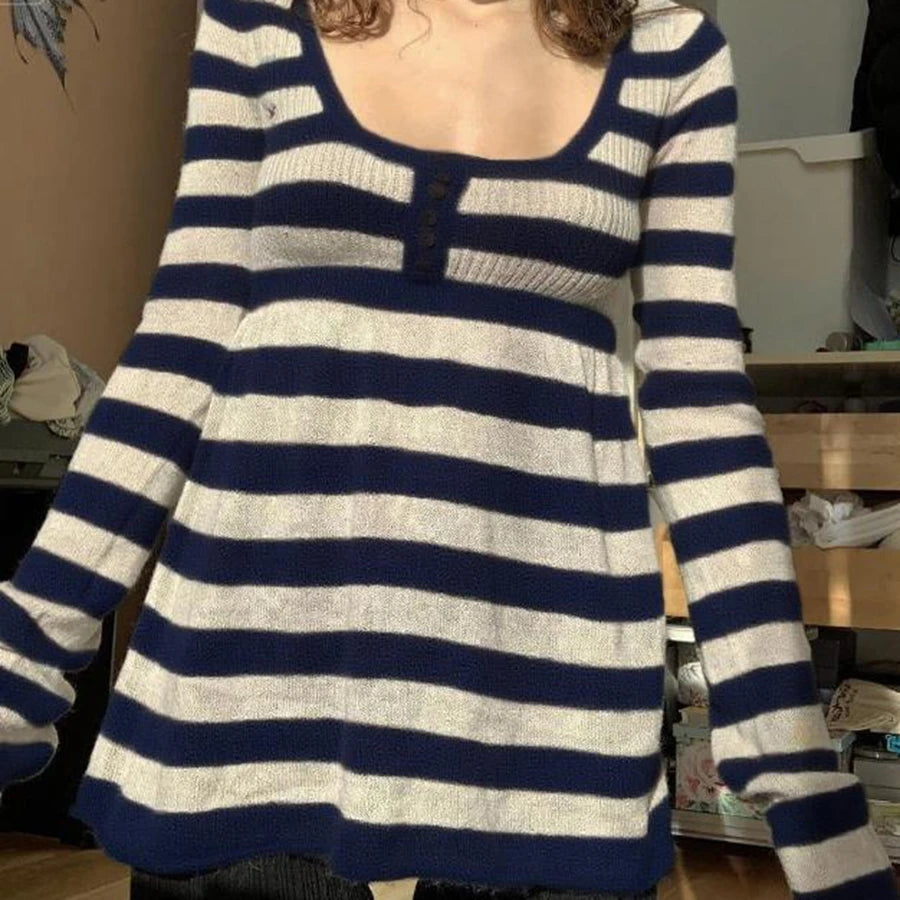 Women's Striped Long Sleeve Knit Top, Black and White