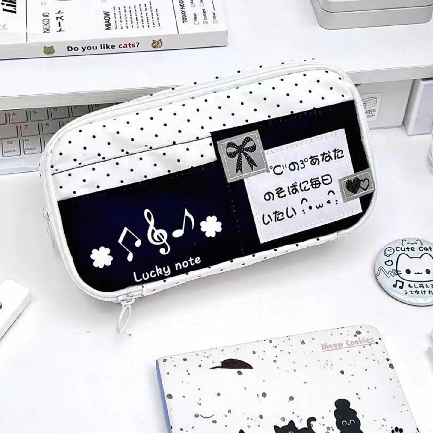 Cute Cat Pattern Blue Polka Dot Pencil Case for Students