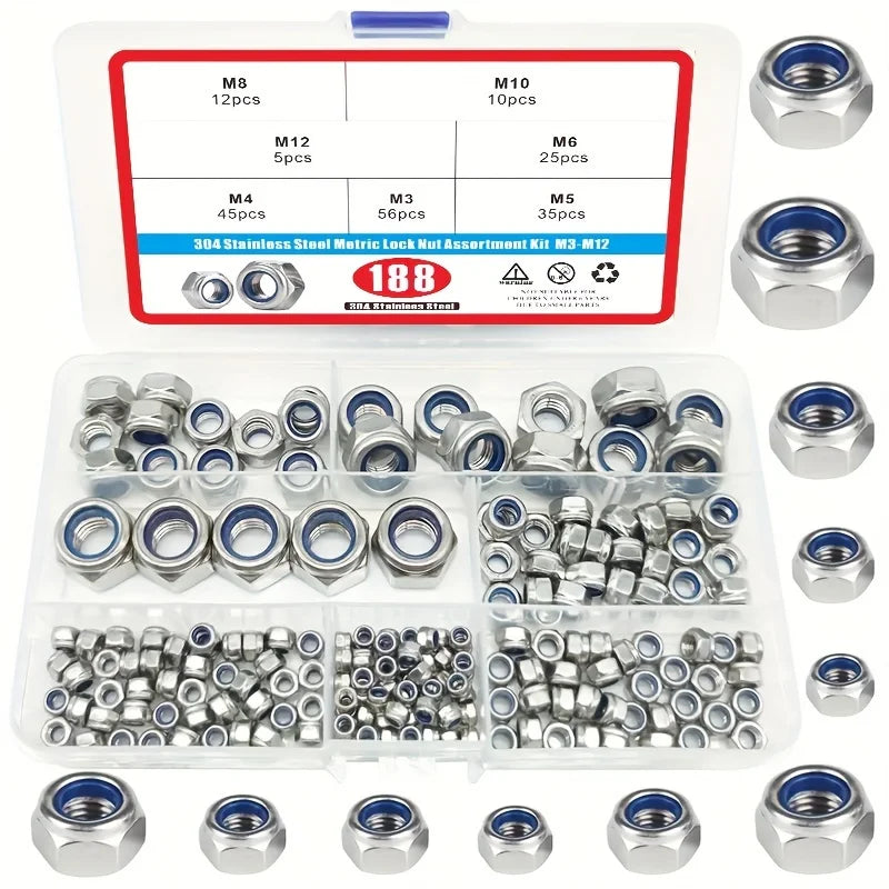 188/230/300pcs 304 Stainless Steel Lock Nut Assortment Kit  Metric Nylon Insert Locknut M3 M4 M5 M6 M8 M10 M12