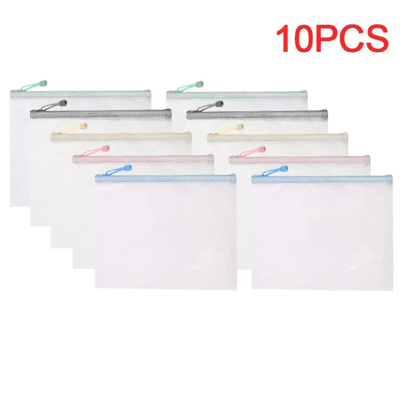 1-10Pcs A4 Mesh Zipper Pouch Bags Thicken Document Bag Waterproof Zip File Folders For School Office Travel Organizing Storage
