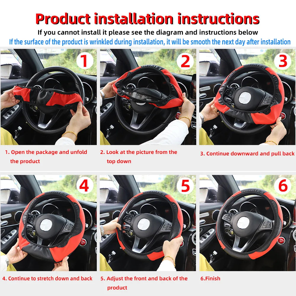 Carbon Fiber PU Leather Steering Wheel Cover – Universal Fit 14.5–15 Inch | Anti-Slip Car Interior Accessory