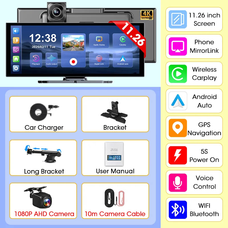 Develuck 11.26" 4K Portable Dash Cam & CarPlay Screen — Wireless Android Auto, 5G WiFi, GPS Navigation