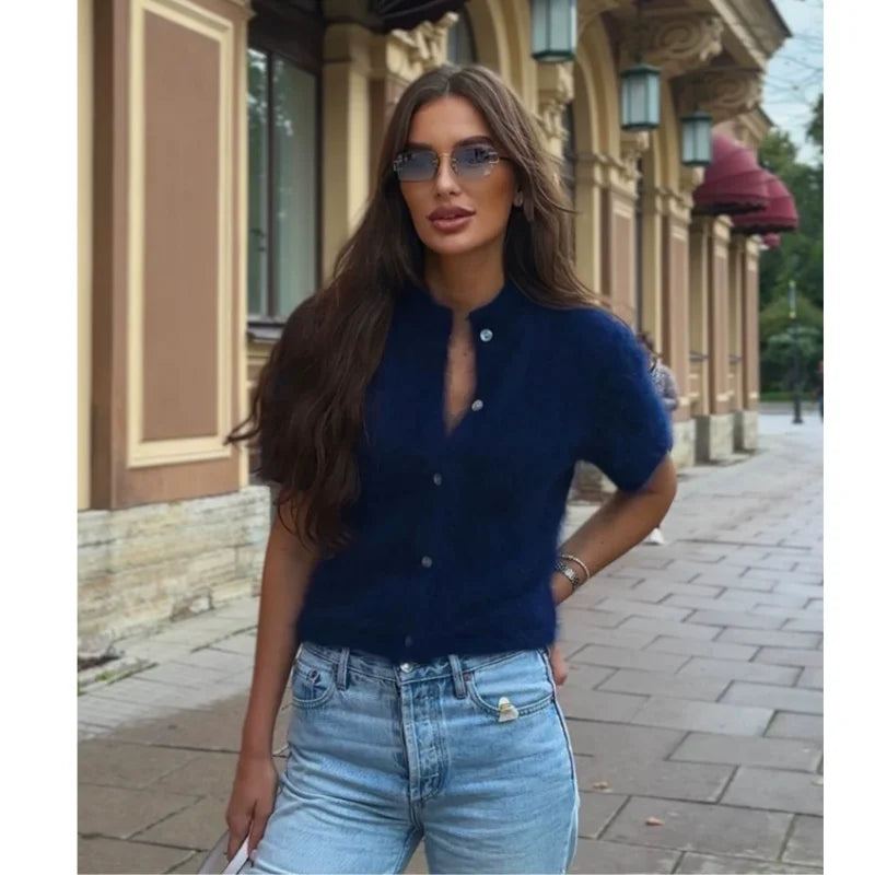 Women's Elegant Cardigan Short Sleeved Fashionable Single Breasted Plush Slim Fit Top Casual Daily Wear Sweater Solid Knitted