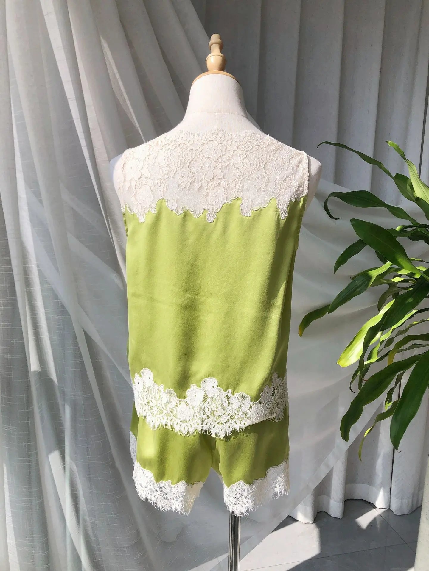 Soft Satin Lace Romantic French Lace Embroidered Satin Silk Sleeveless Vest Shorts