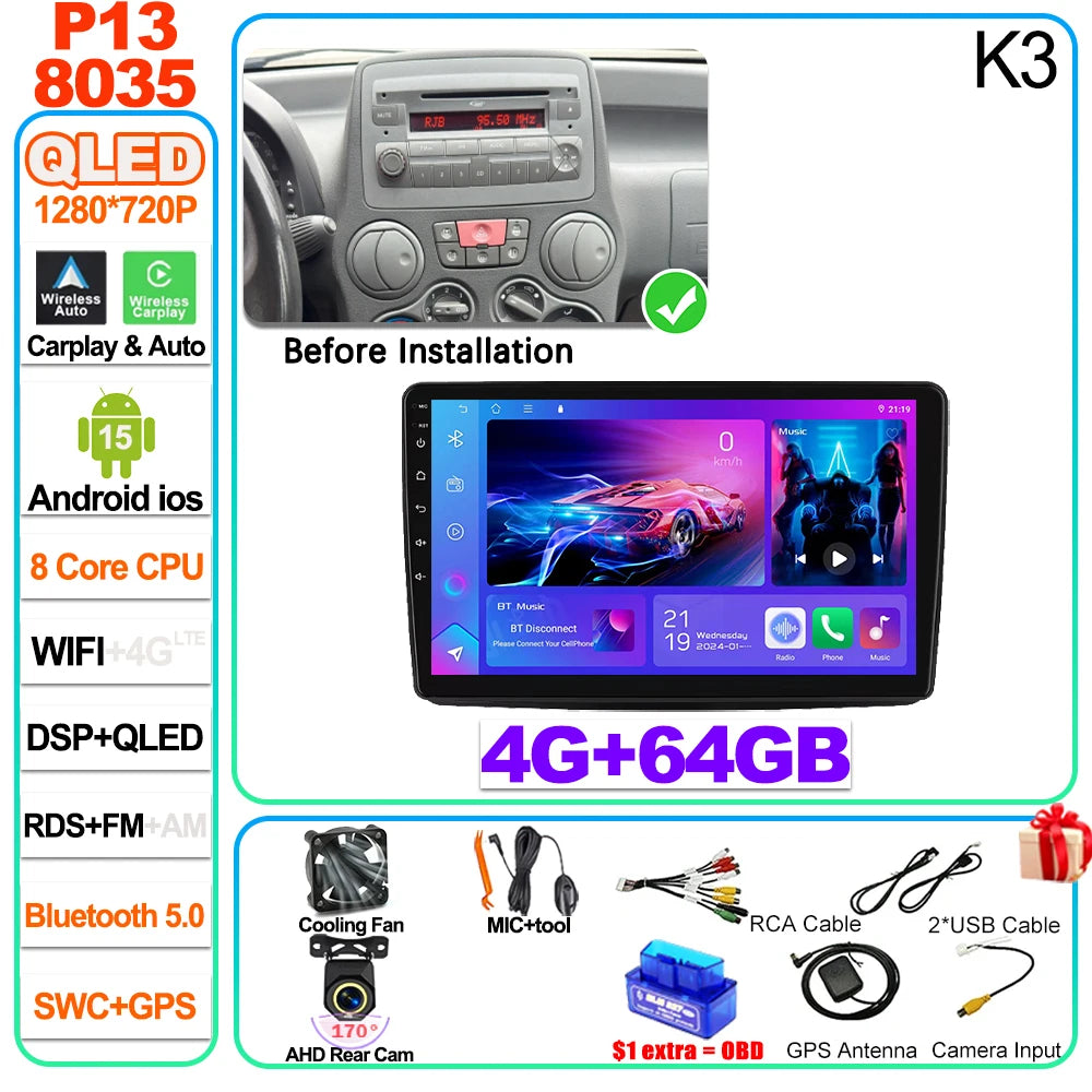 Car Stereo with Apple CarPlay & Android Auto, Compatible with Fiat Panda 169 (2003-2012)