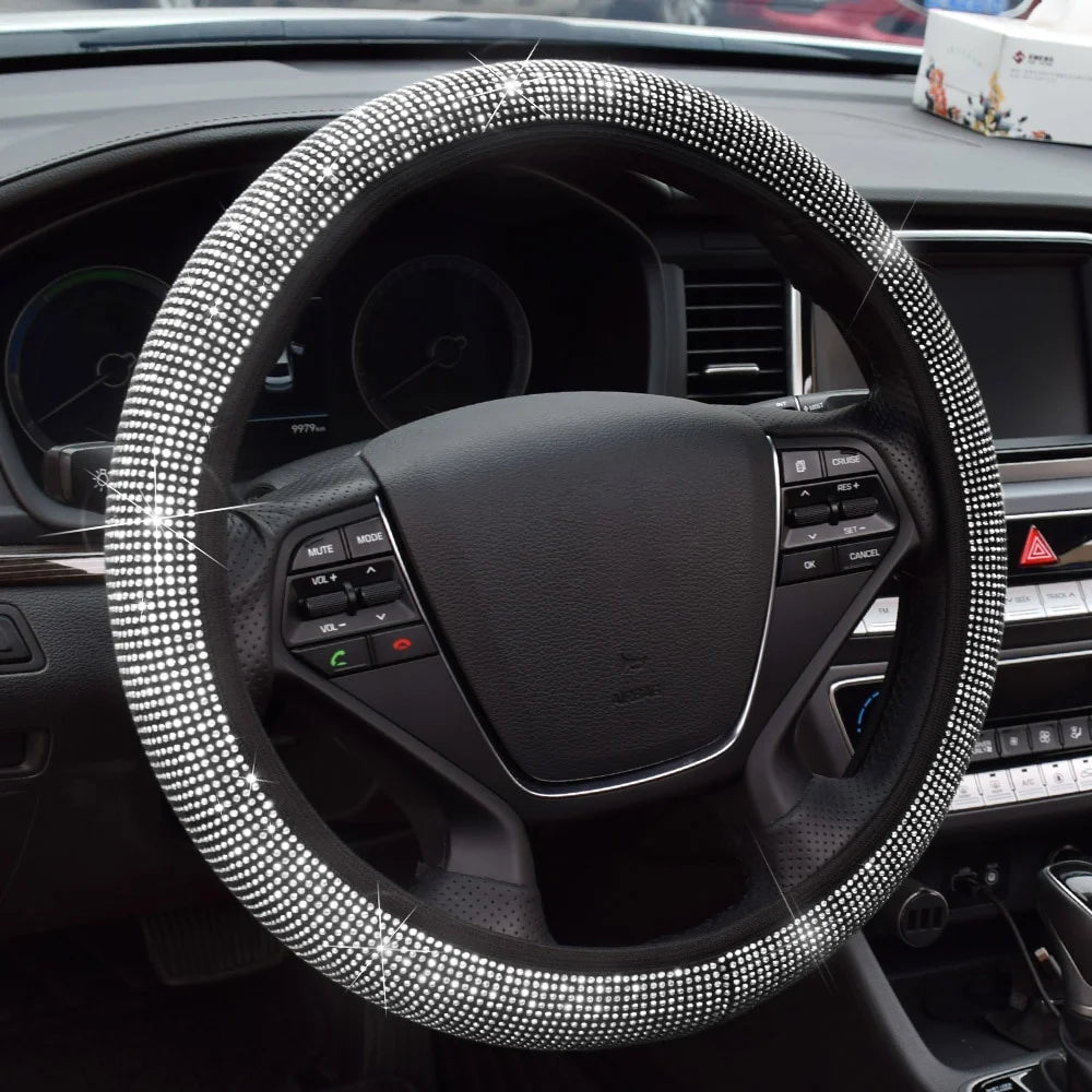 38cm Universal Car SUV Breathable Anti-Slip Bling Rhinestones Steering Wheel Cover for Women Girl with Crystal Diamond Sparkling