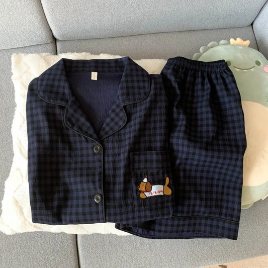 Embroidered Dog Women's Plaid Short Pajama Set – photo 5