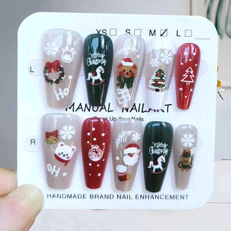 10 Pcs Christmas Atmosphere Press on Nails Cute Christmas Tree Bear Snowflake and Santa Claus Handmade Nails Patch Fake Nails