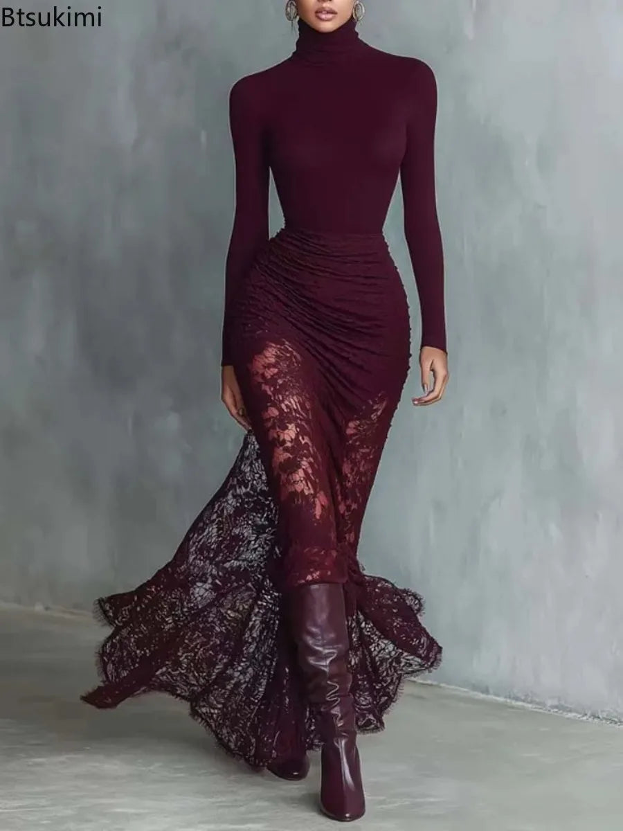New Women's Turtleneck Long Sleeve Slim Lace Patchwork Dress Ruched Mermaid Elegant Long Sleeve Evening Gown Maxi Dresses Female
