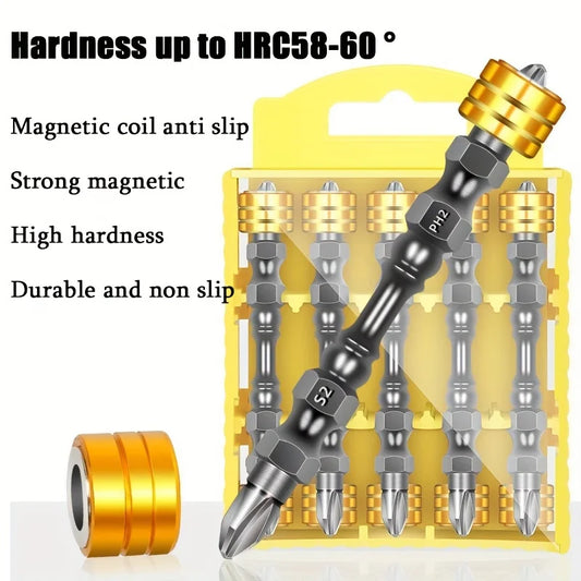 5pcs PH2 Hardness 65mm/110mm Double Cross Head Magnetic Electric Screwdriver Bit Phillips Screw Driver With Ring,Yellow