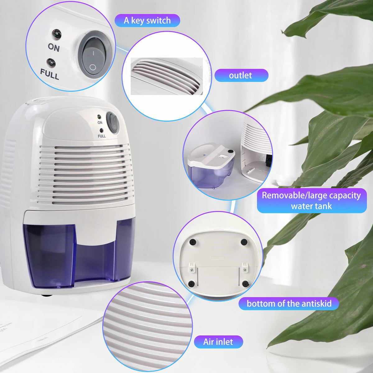 Humidity Removing Machine 10W Small Dehumidifiers 500ml Quiet Automatic Shutoff USB Non Slip Bottom for Office