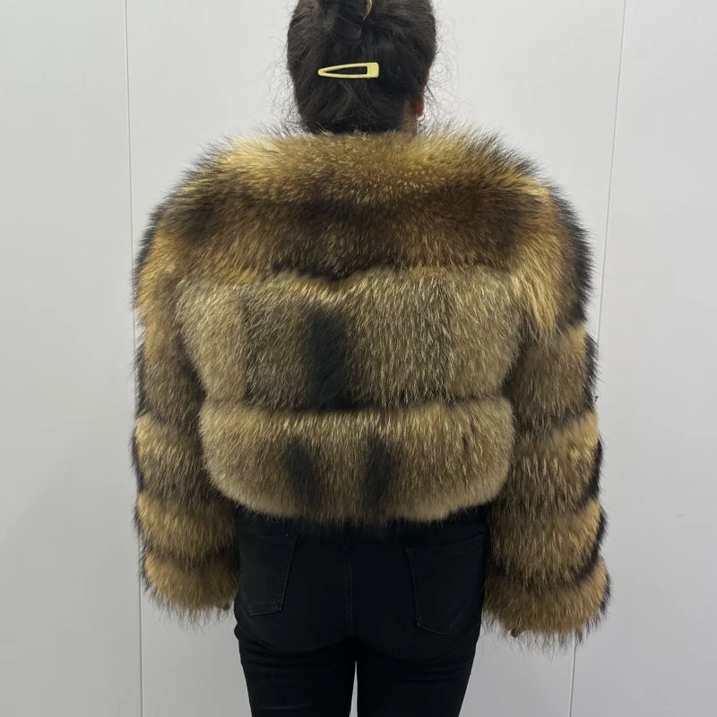 Women's Short Raccoon Fur Coat, Winter Jacket