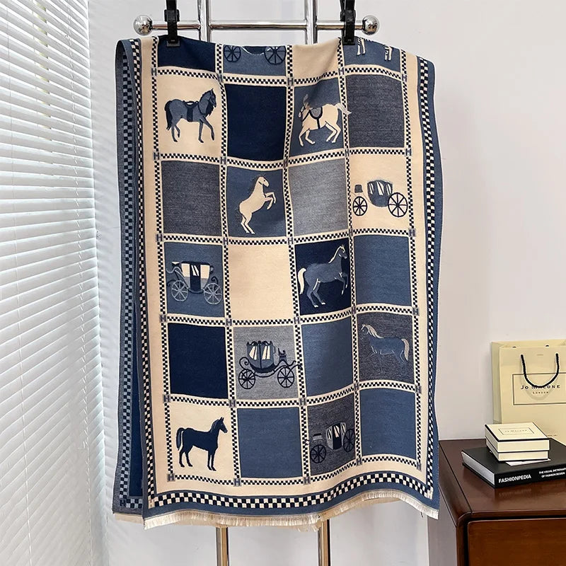 Women's Horse Print Poncho Shawl Wrap, Thick Winter Scarf