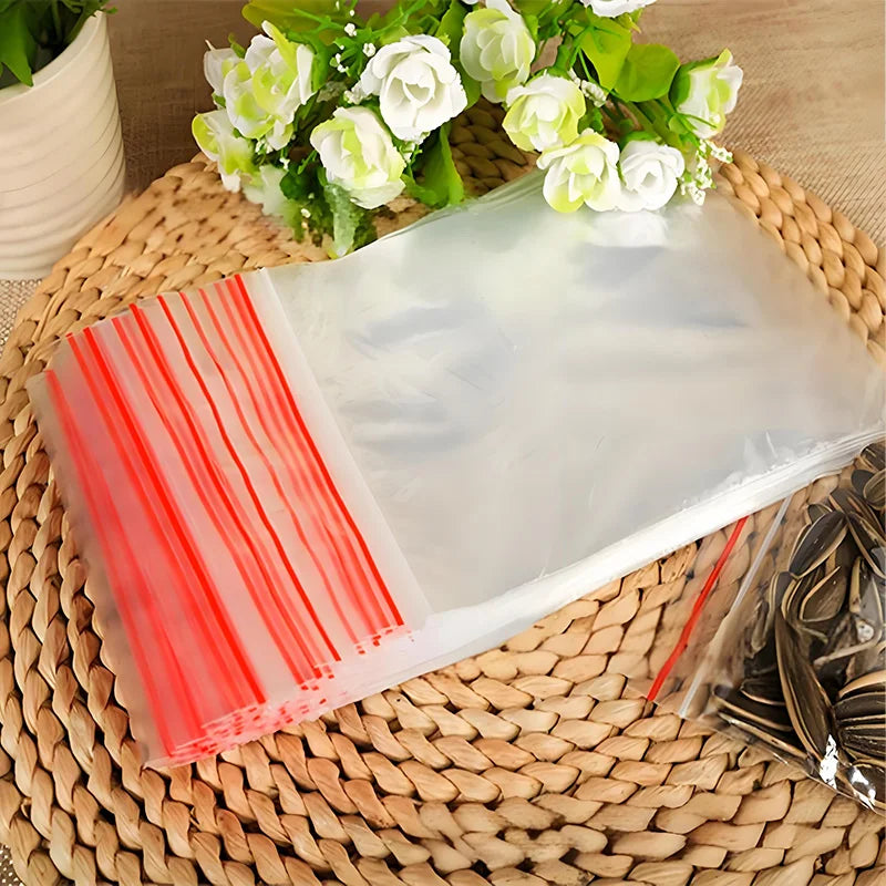 100PCS Clear Zip Lock Bags 10×15cm – Food-Safe Reusable Storage with Red Seal Strip | Waterproof