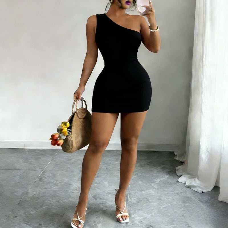 Women's Green One Shoulder Stretchy Knit Mini Dress Ribbed Bodycon Sleeveless Sexy Summer Party Night Club Vacation Dress