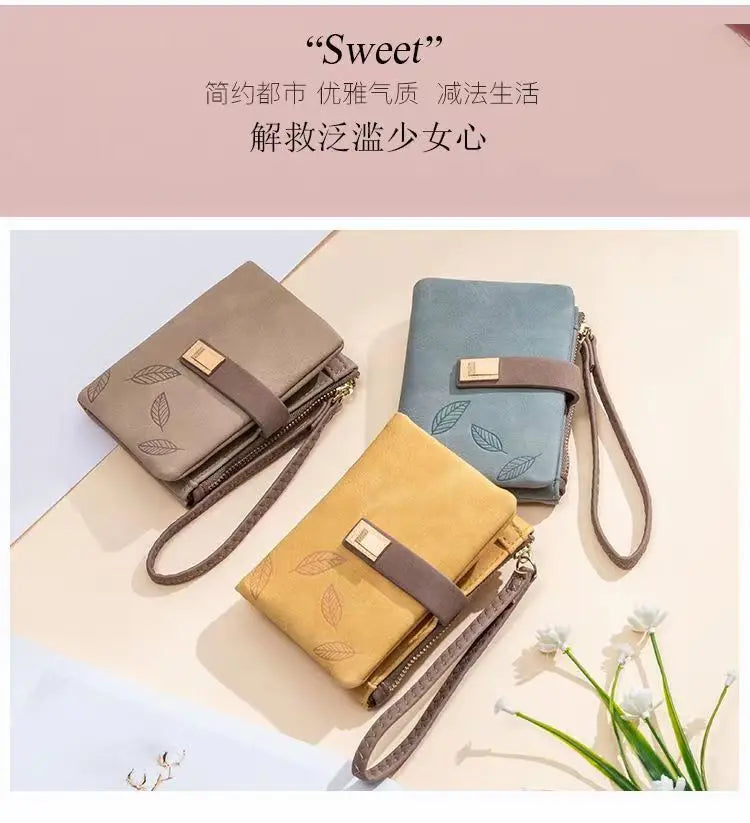 Spring/Summer 2026 new women's short wallet, high-quality PU hardware leaf buckle, solid color zipper, student coin coin purse,