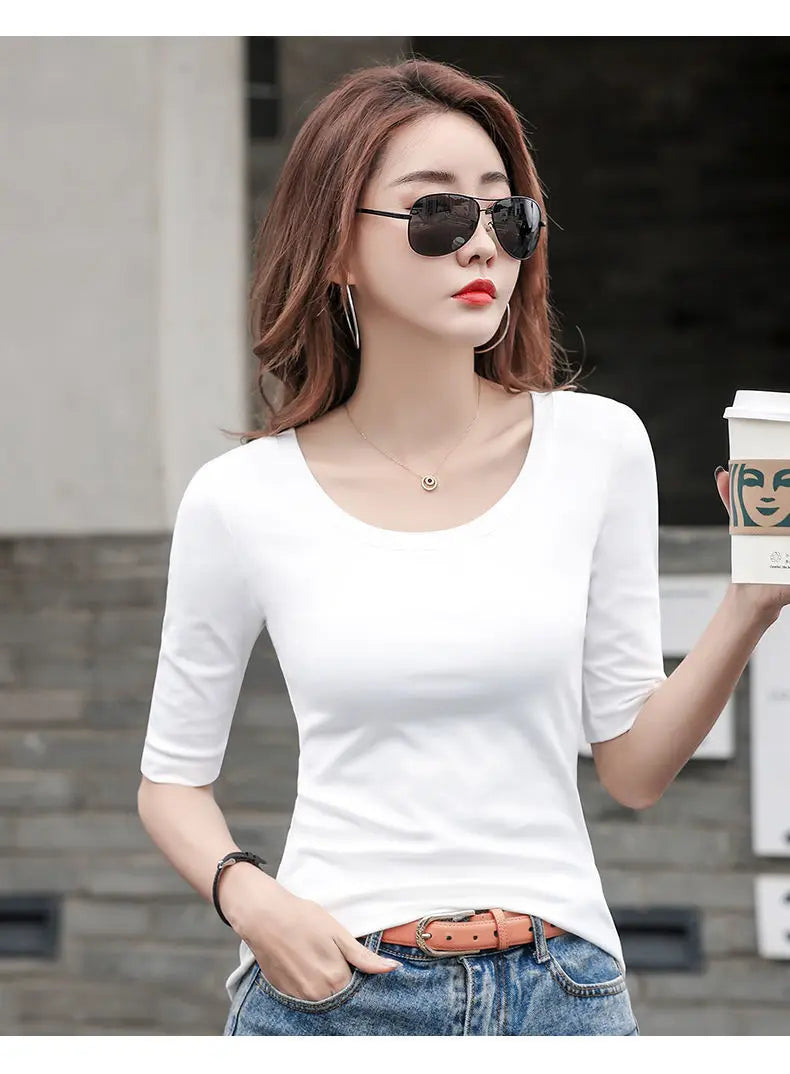 MRMT Women's White Mid-Sleeve Bottoming T-Shirt – Half Sleeve Tight O-Neck Top 2026