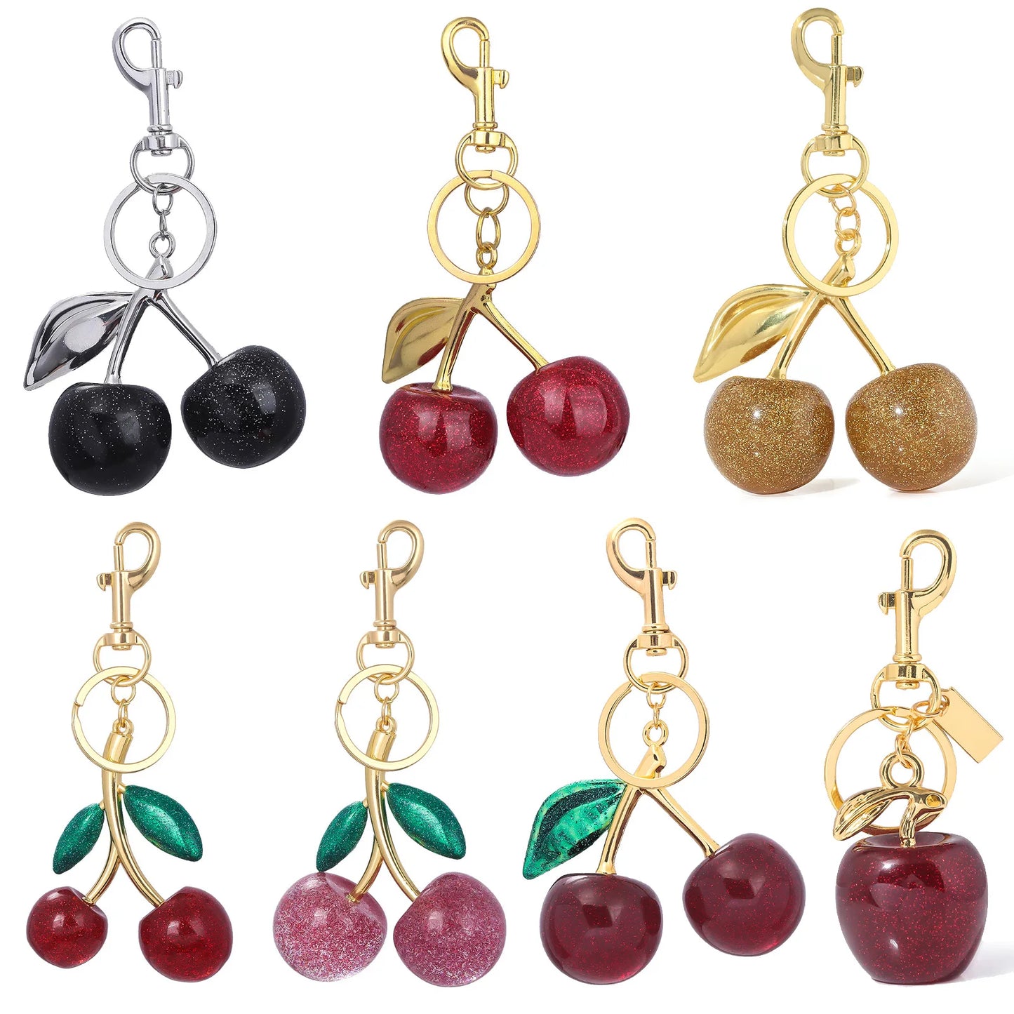 Cherry Crystal Bag Charm Keychain — Pink Fruit Keyring