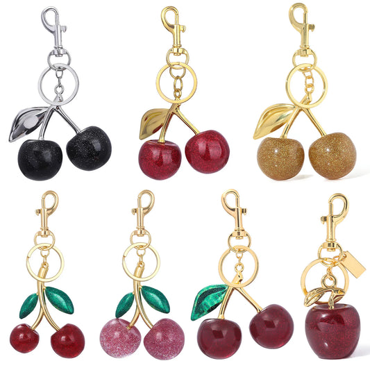 Cherry Crystal Bag Charm Keychain — Pink Fruit Keyring