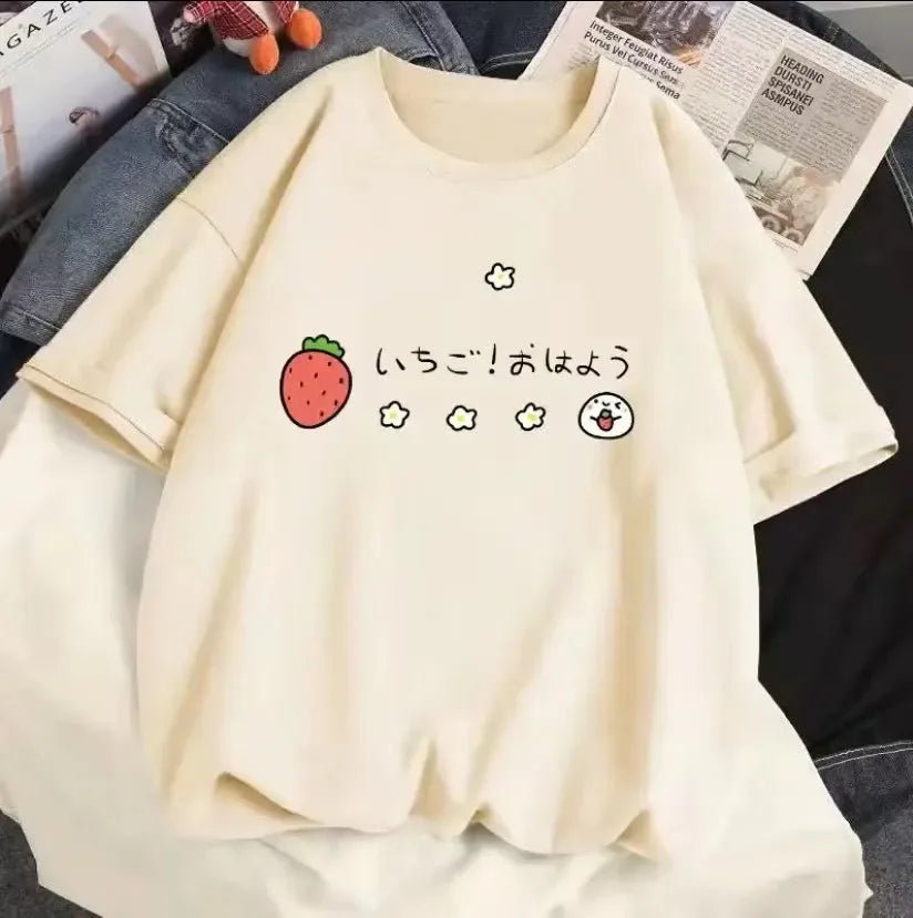 2026 Strawberry Girl Short Sleeved T Shirt Summer Women White Loose T-shirts Harajuku Kawaii Female Tops Y2k Clothes