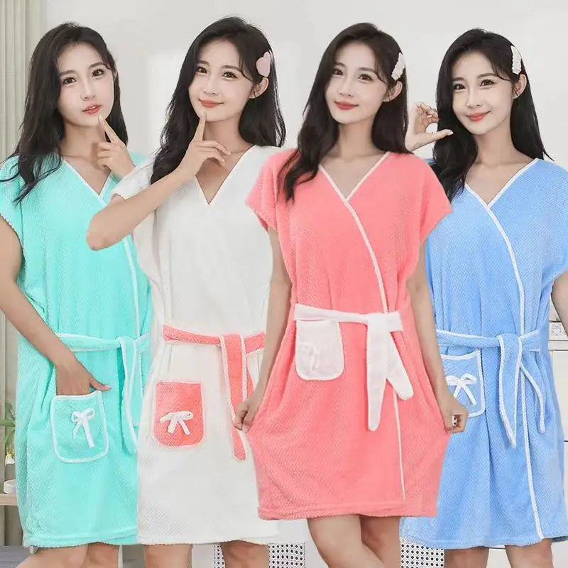 Women's Coral Fleece Bathrobe Wrap - Soft Strap Bath Towel Dress