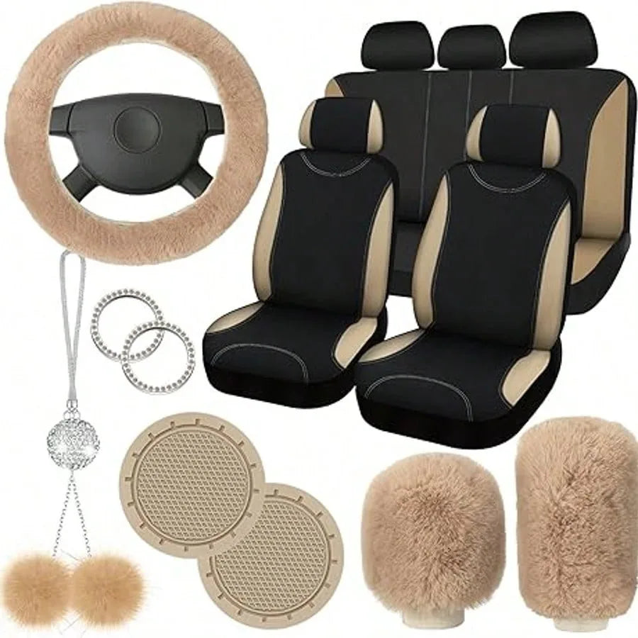 17pcs Car Seat Cover Full Set for Women Universal Fit Car Front Rear Fluffy Steering Wheel Fleece Handbrake Shift Covers Hanging Accessory Holder Ring Emblem (Rose Red Black), Car Seat Cover Full Set
