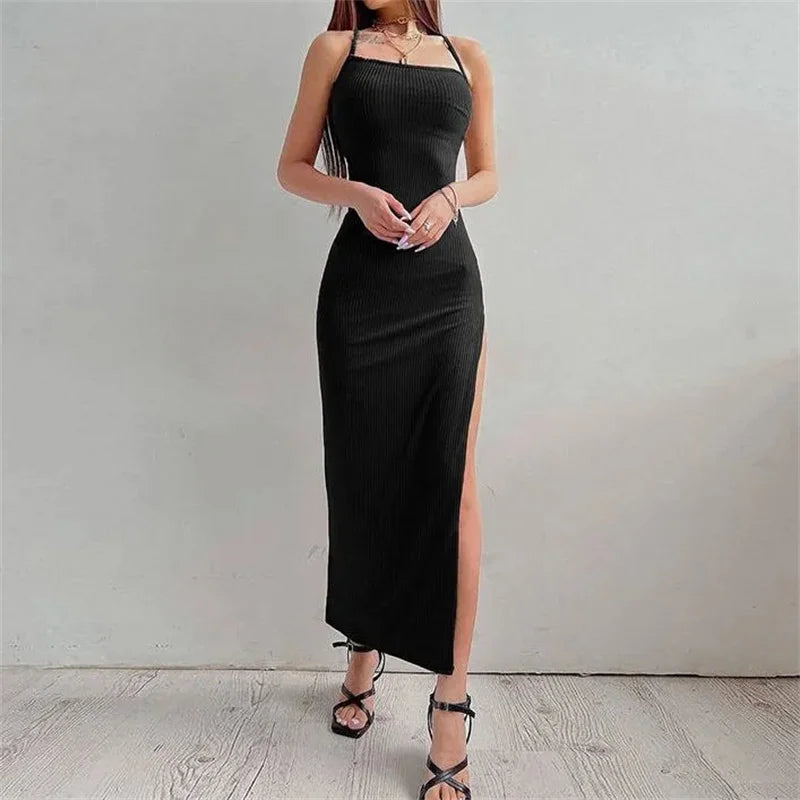 Women's Sexy Black Long Bodycon Dress – Sleeveless Backless Halter Neck High Split Maxi Dress | S–L (Black, Khaki)