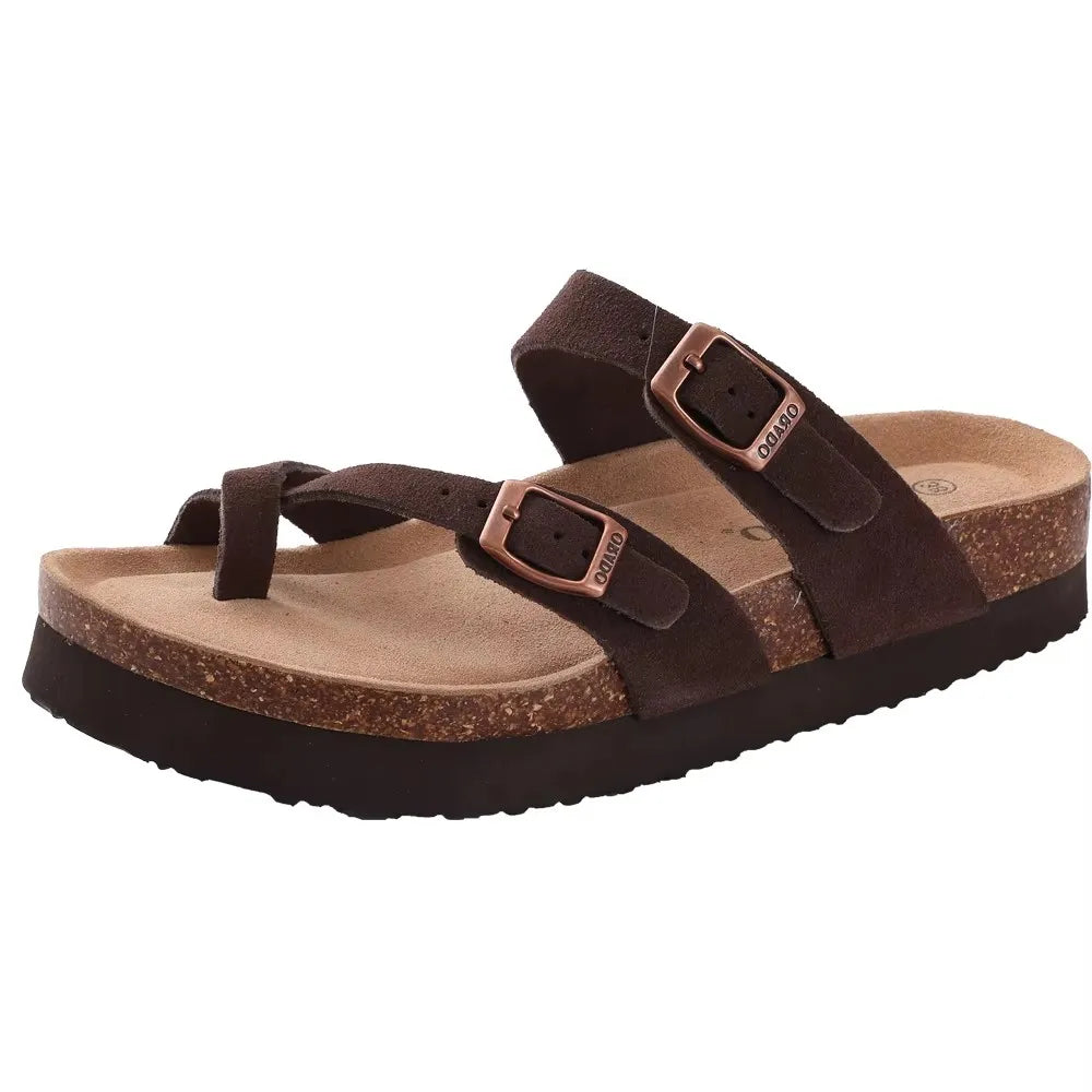 Crestar Women Cork Footbed Slippers Summer Couple Adjustable Double Buckles Flat Sandals Outdoor Cork Beach Slides With Open Toe