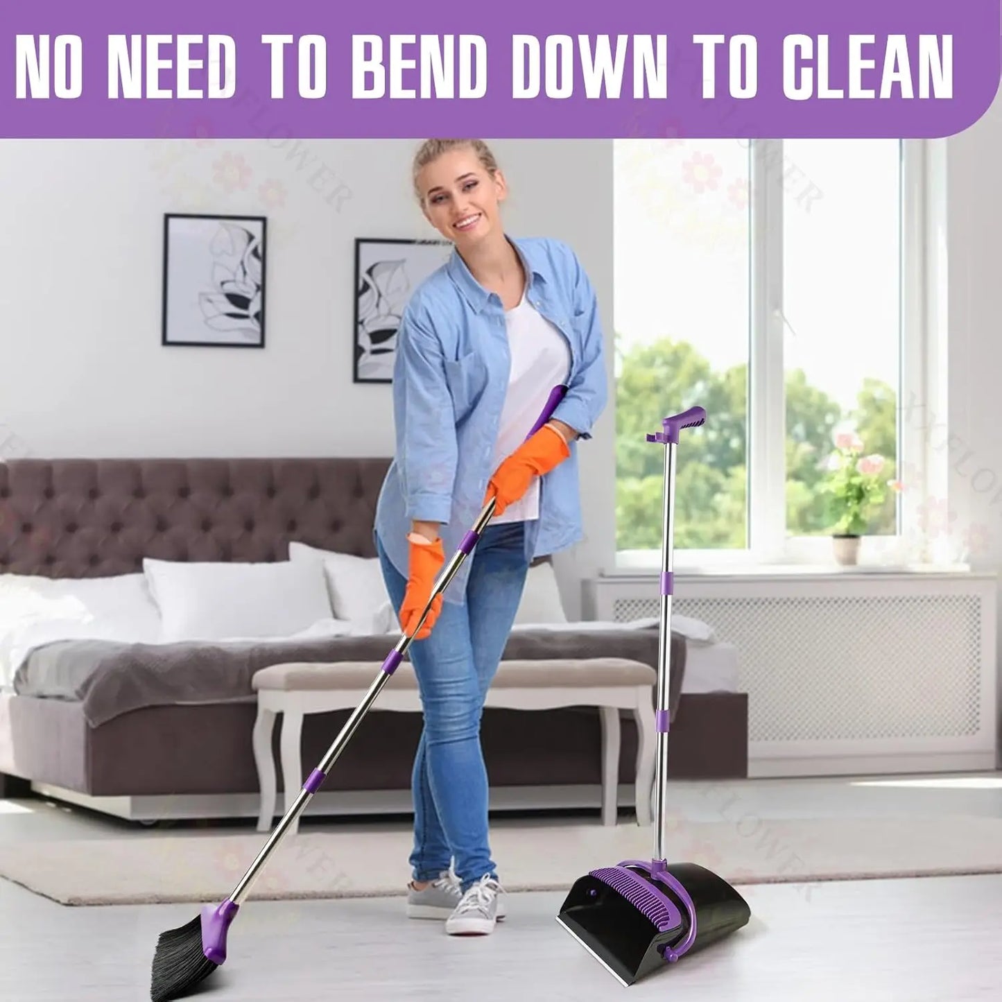 Long Handle Broom and Dustpan Set, Lightweight Stainless Steel, Upright Storage for Home Kitchen Office Pet Hair Cleaning