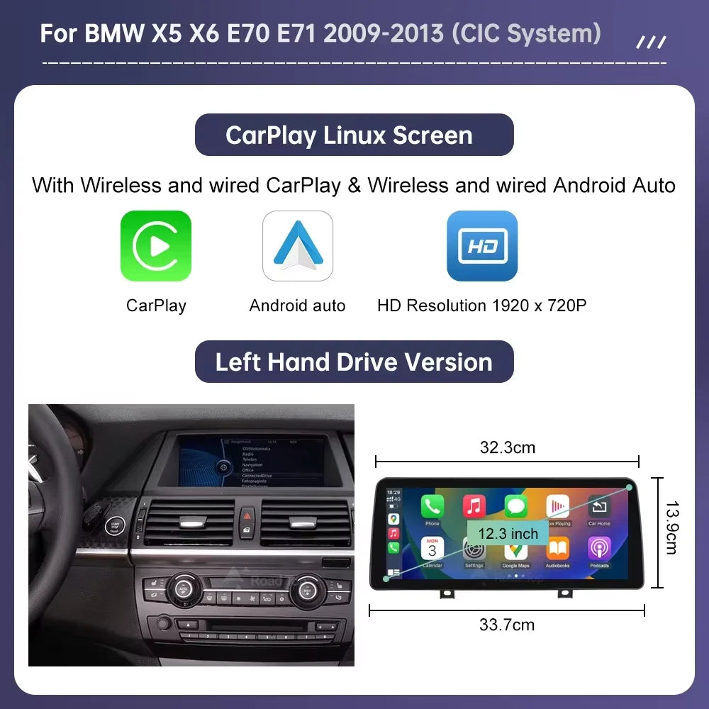 Wireless CarPlay & Android Auto Display Screen, Compatible with BMW X5 E70 & X6 E71 (CCC/CIC)