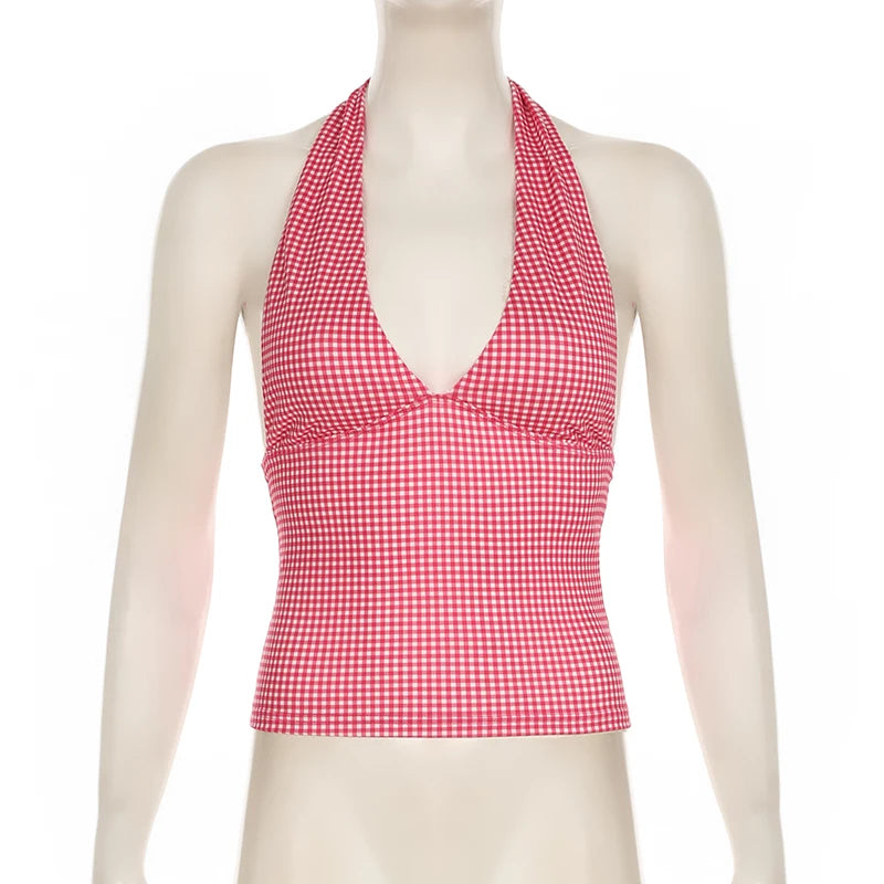 SUCHCUTE Fashion Beach Plaid/Heart Printed Halter Neck Tank Tops Women Sweet Sleeveless V-Neck Vest Y2k Slim Crop Tops Coquette