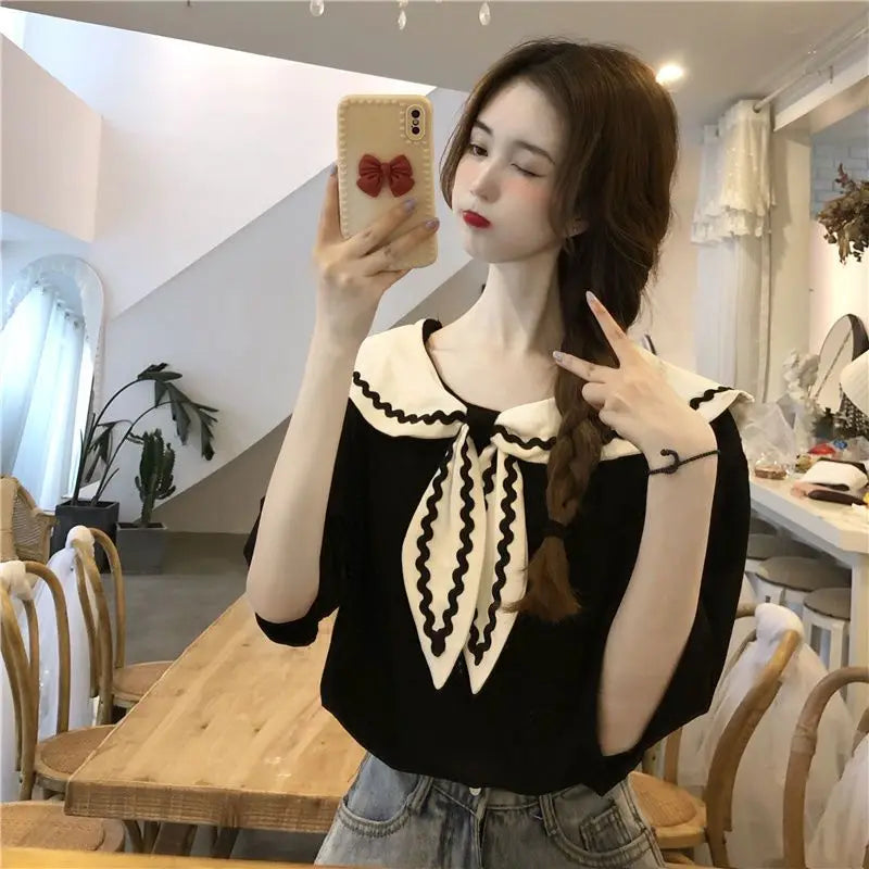 Sailor Collar T-shirts Women Baggy Kawaii Clothes Panelled Temper Designer Aesthetics Japanese Stylish Summer Vintage Футболка