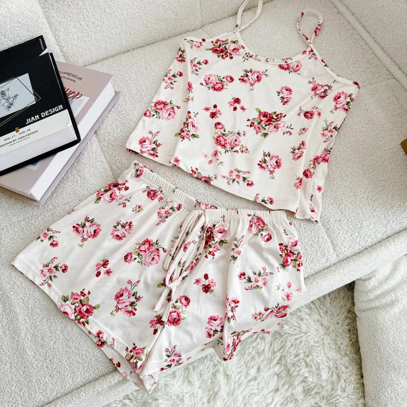 Women Casual Pajama Ladies Sexy Sleepwear Print Round Neck Ice Silk Top T-Shirt and Shorts Sets Breathable Comfortable Home Wear