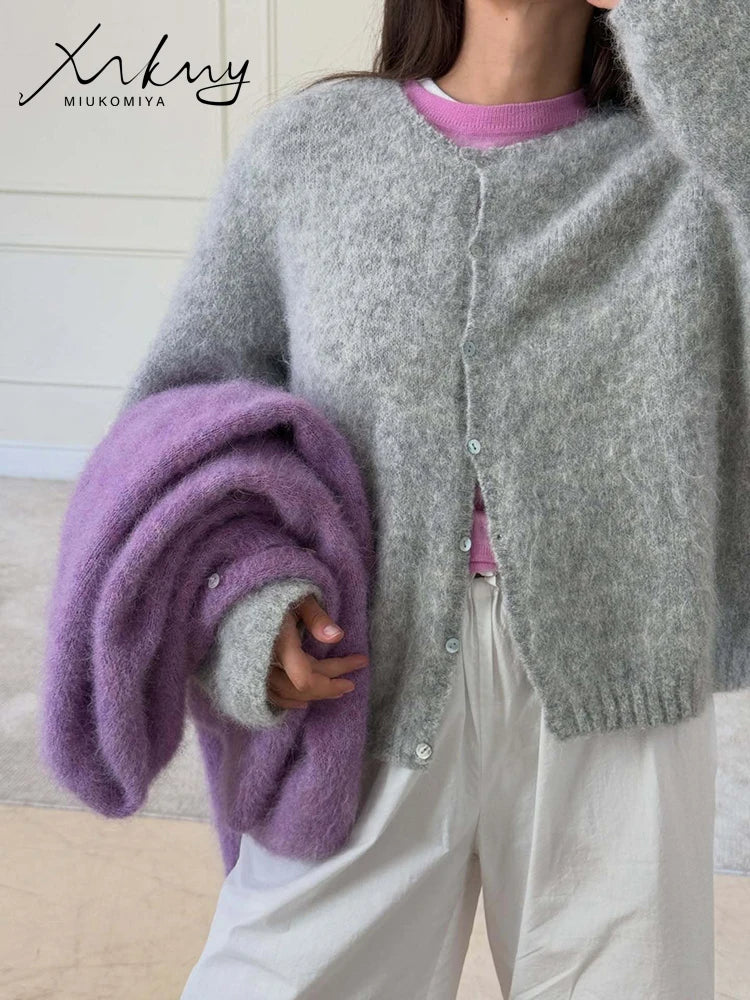 Women Short Cardigan Button Down Red Loose Knitted Outwear For Ladies Autumn O Neck Knit Jackets Purple Wool Cardigans For Women