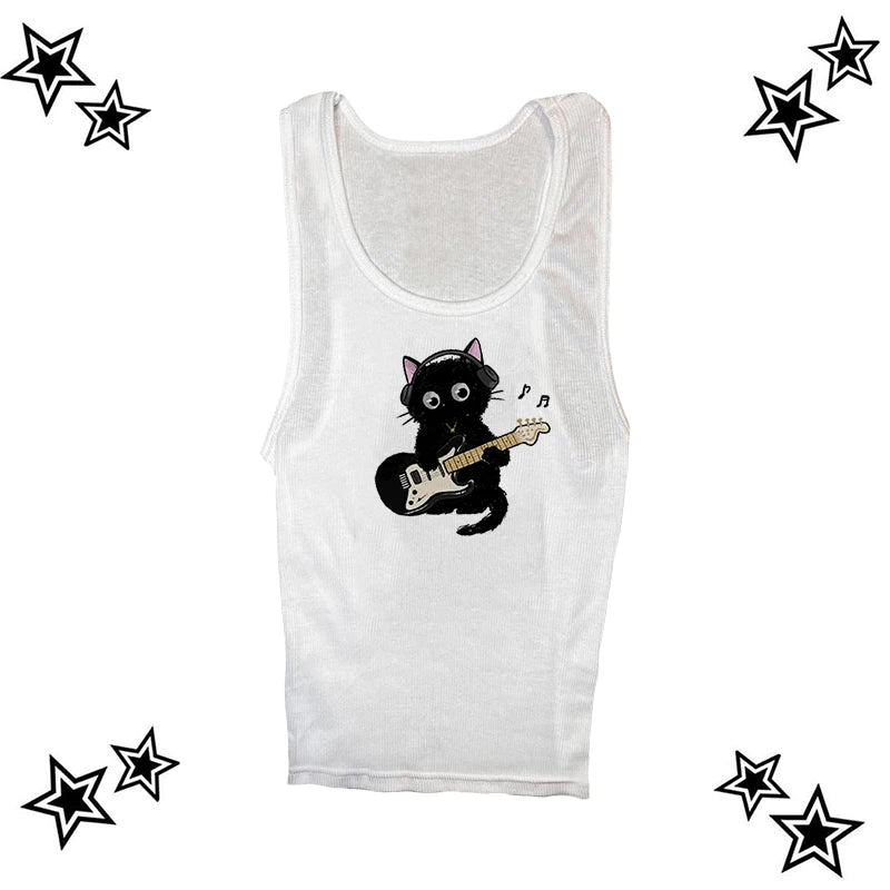 Y2k Aesthetic Cat pattern Vintage Basic Tees Ladies Clothes Retro Graphic Top White Short Sleeve Casual T Shirt for Women