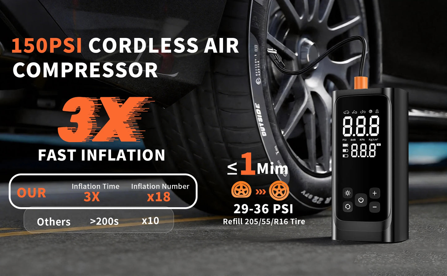 YINGBOOST Portable Smart Air Pump Tire Inflator 150PSI Air Compressor with Digital Pressure Gauge for Car Bike Motorcycle Ball