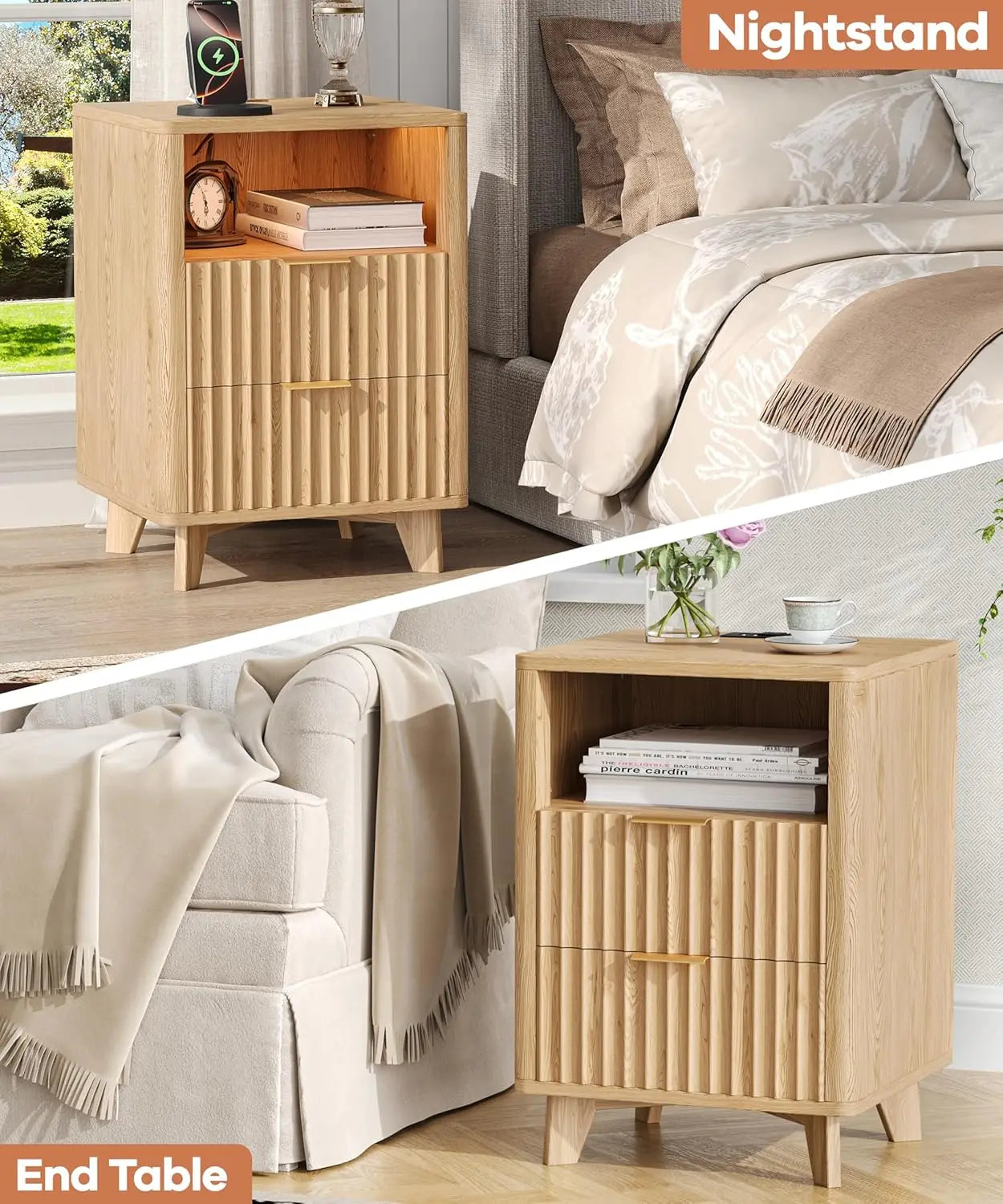 Fluted Nightstand Set USB LED 2 Drawers Shelf Small Bedroom Oak,Customized