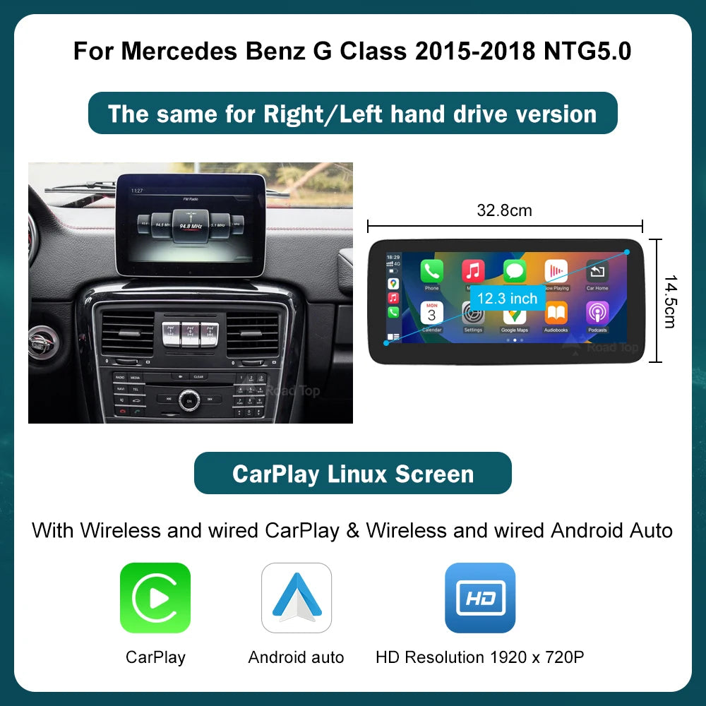 Wireless CarPlay & Android Auto Display Screen, Compatible with Mercedes-Benz G-Class W463 (2013-2018)